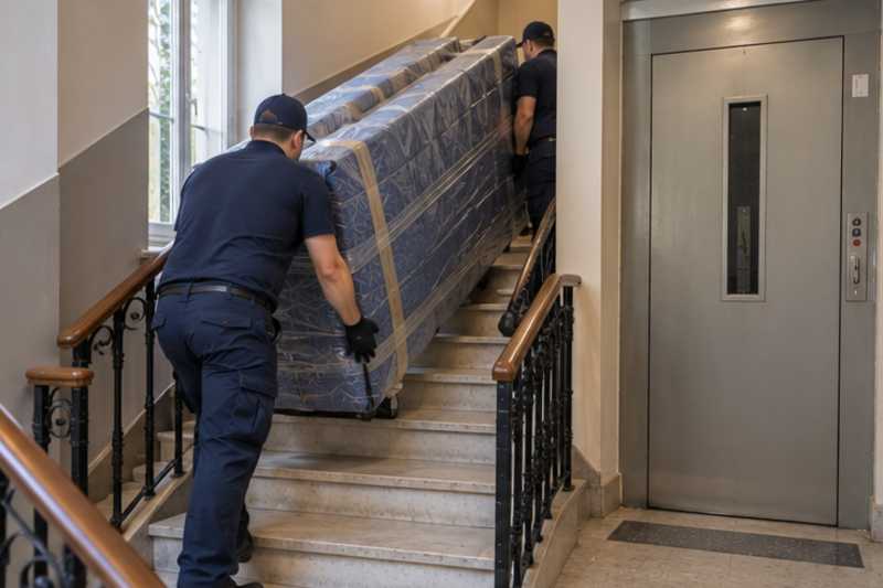 Un sommier double sous couvertures capitonnées et film étirable, dans une cage d'escalier d'immeuble, déménagement de Paris vers la Guinée