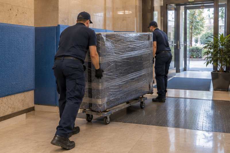 Un grand téléviseur écran plat sous feutrine et film étirable, dans le hall d'une résidence aux murs protégés par des panneaux de déménagement, déménagement de Paris vers la Guinée