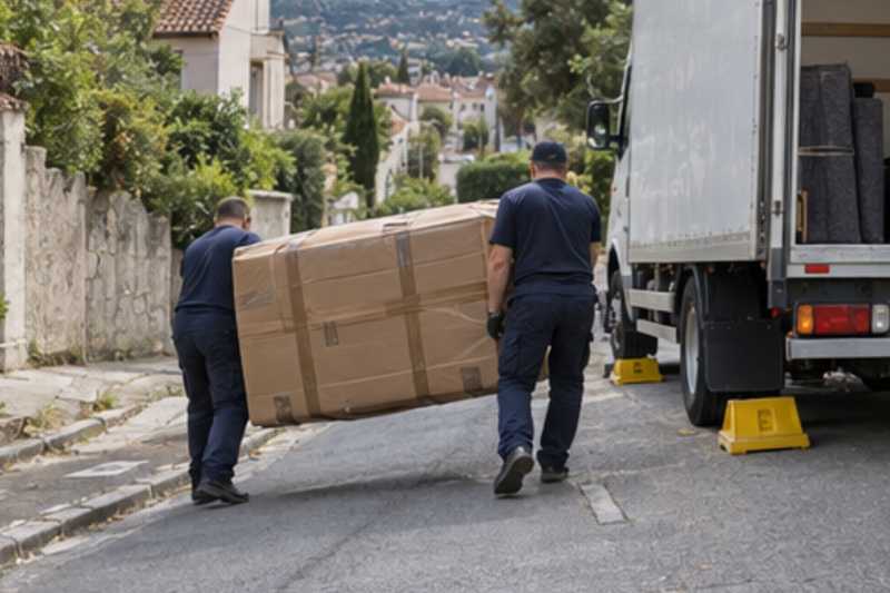 Un canapé convertible sous carton épais et ruban adhésif, dans une rue en pente de banlieue pavillonnaire, déménagement de Paris vers le Honduras