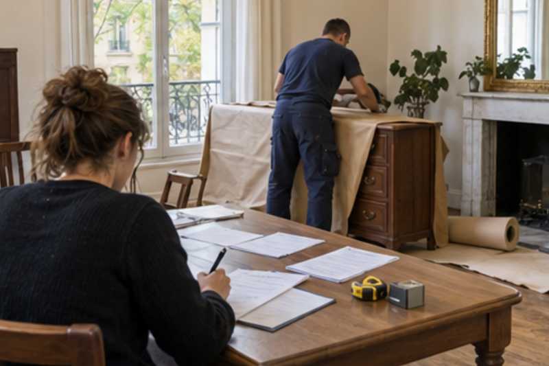 Une table de salle à manger couverte de feuilles d'inventaire, déménagement de Paris vers le Honduras