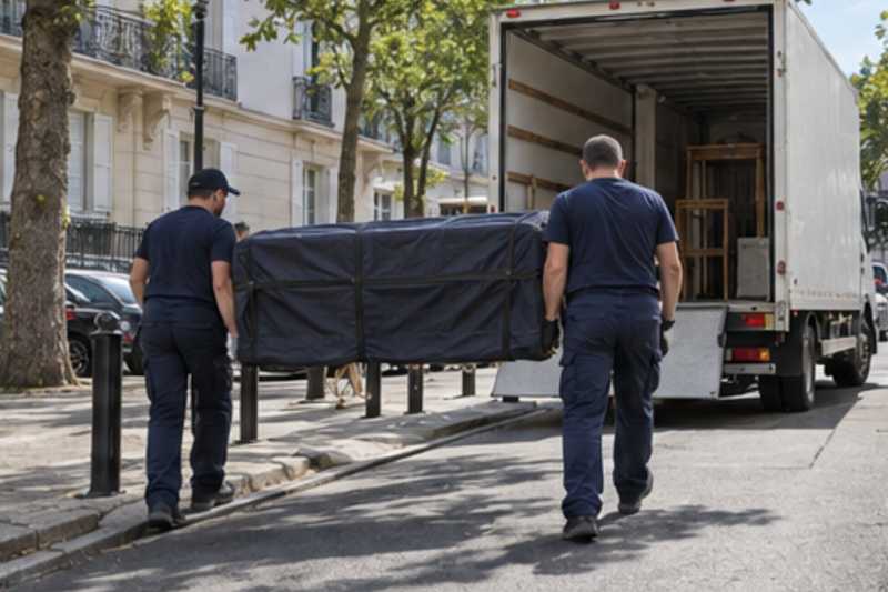 Un meuble TV bas sous housse zippée, sur le trottoir d'une rue d'Île-de-France, déménagement de Paris vers le Honduras
