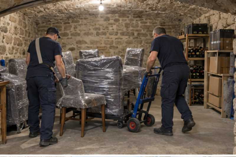 Une table et des chaises sous feutrine et film étirable, dans une cave d'immeuble aux murs de pierre, déménagement de Paris vers le Honduras