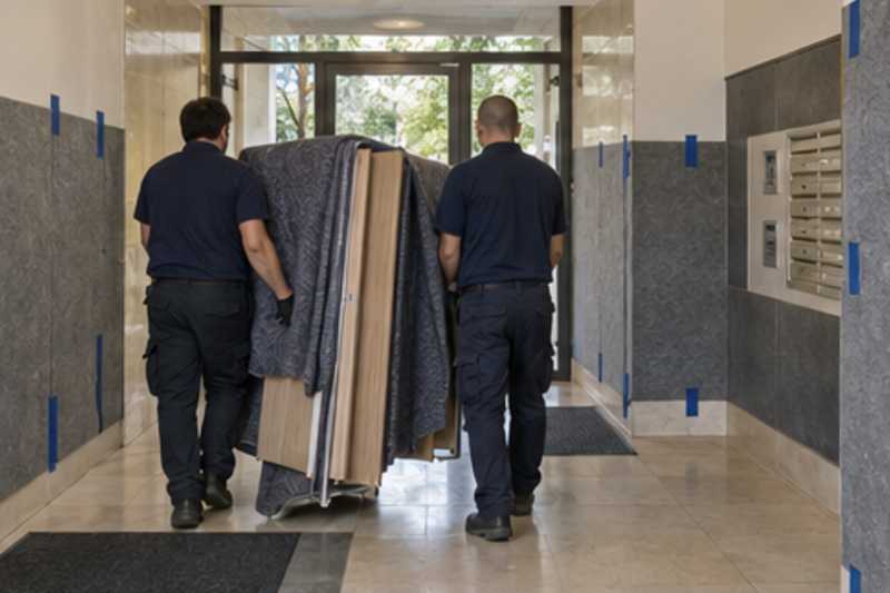 Une armoire démontée en panneaux sous couverture de déménagement, dans le hall d'une résidence aux murs protégés par des panneaux de déménagement, déménagement de Paris vers Israël