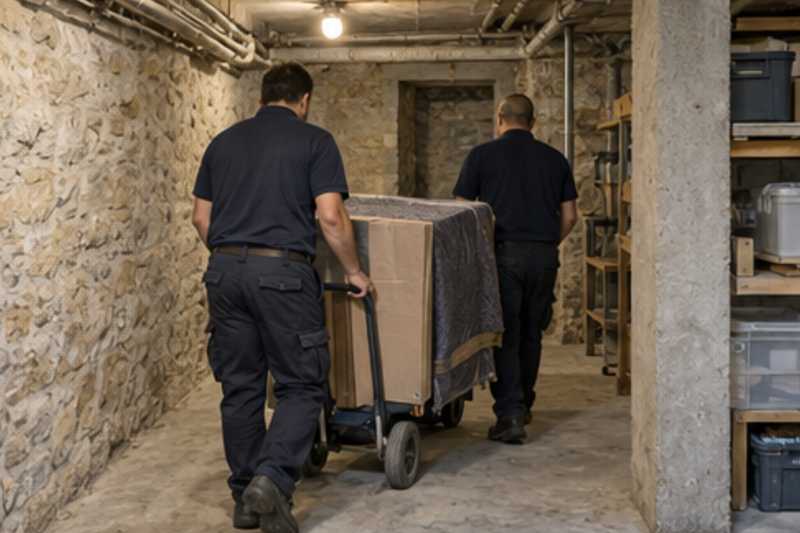 Un bureau compact sous carton plat et couverture épaisse, dans une cave d'immeuble aux murs de pierre, déménagement de Paris vers Israël