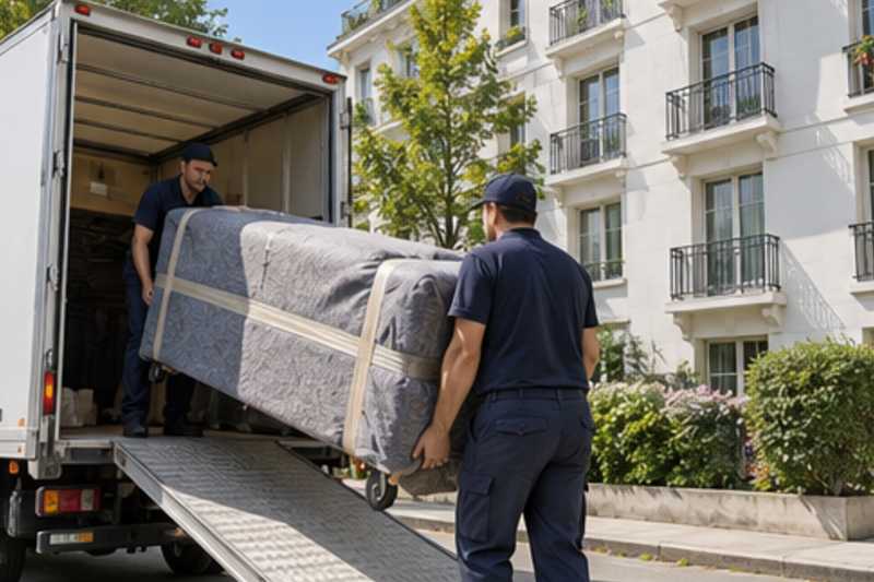 Deux déménageurs déchargent un canapé emballé d'un camion de déménagement devant un immeuble résidentiel blanc aux balcons, déménagement de Paris vers Israël