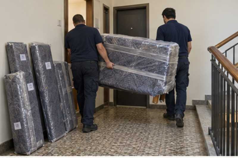 Un canapé trois places sous feutrine et film étirable, sur un palier d'appartement près d'une porte étroite, déménagement de Paris vers Israël