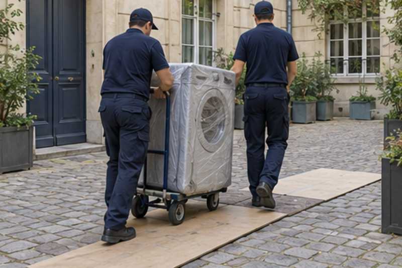 Un lave-linge sur un diable sous housse zippée, dans la cour pavée d'un immeuble ancien d'Île-de-France, déménagement de Paris vers Israël