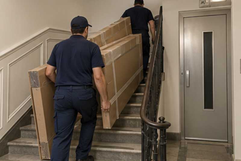 Les éléments d'un lit double démonté sous carton épais et ruban adhésif, dans une cage d'escalier d'immeuble, déménagement de Paris vers Israël