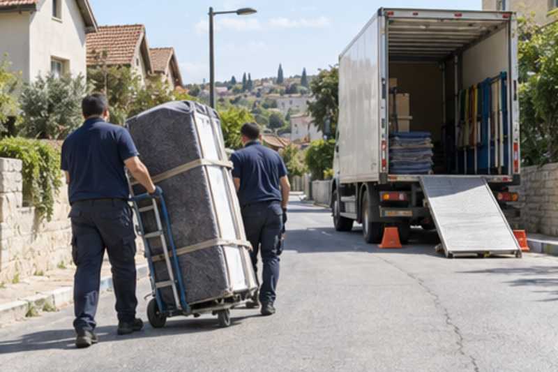 Un réfrigérateur combiné sur un diable sous couverture de déménagement, dans une rue en pente de banlieue pavillonnaire, déménagement de Paris vers Israël