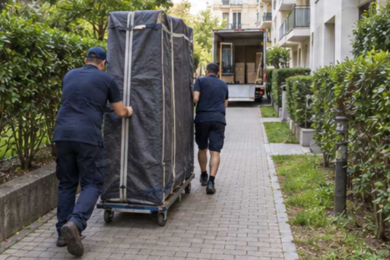 Une armoire démontée en panneaux sous housse zippée, sur une longue allée piétonne de résidence, déménagement de Paris vers la Jamaïque