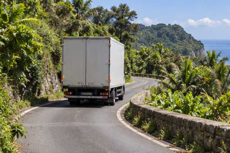 Une route de colline étroite et sinueuse bordée de végétation tropicale en plein soleil, déménagement de Paris vers la Jamaïque