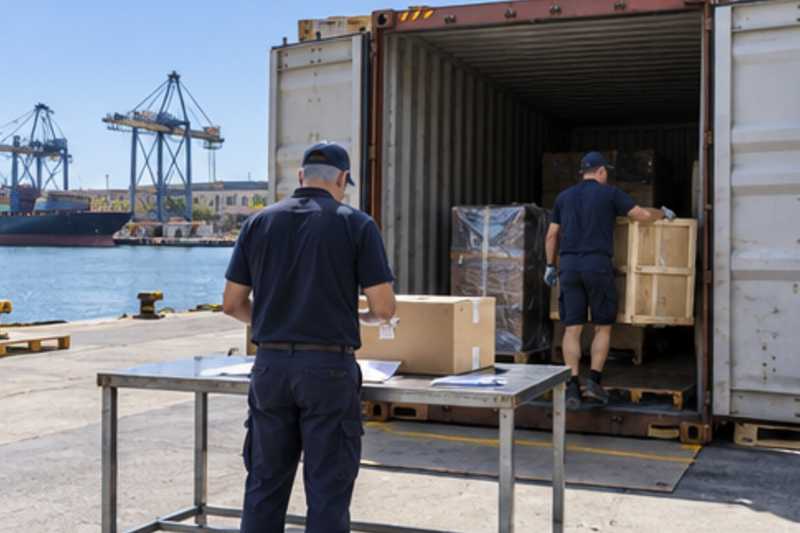Un hangar portuaire ouvert sous un ciel bleu, déménagement de Paris vers la Jamaïque