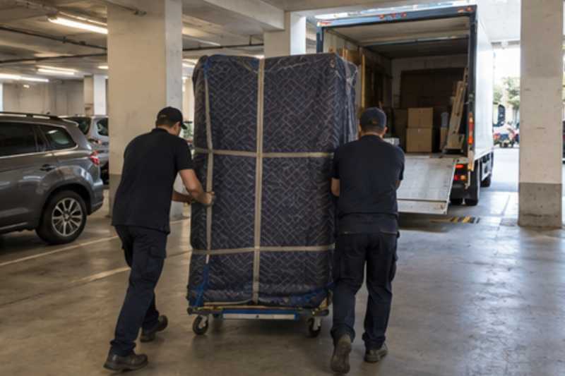 Un grand matelas debout sous housse matelassée et sangles, dans un parking souterrain de résidence, déménagement de Paris vers la Jamaïque