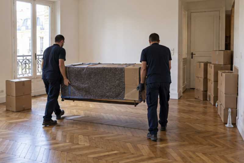 Un meuble TV bas sous carton plat et couverture épaisse, dans un appartement presque vide, déménagement de Paris vers la Jamaïque