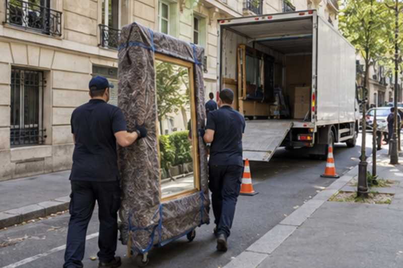 Un grand miroir encadré tenu debout sous couverture de déménagement, sur le trottoir d'une rue d'Île-de-France, déménagement de Paris vers la Jamaïque