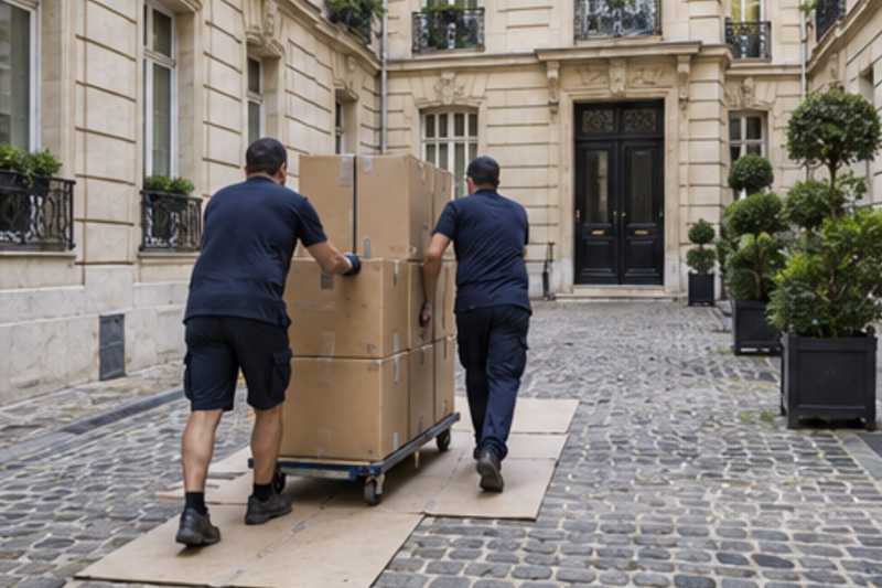 Une pile de cartons de déménagement fermés, dans la cour pavée d'un immeuble ancien d'Île-de-France, déménagement de Paris vers la Jamaïque
