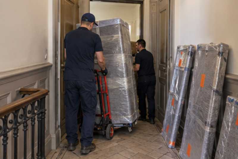 Un réfrigérateur combiné sur un diable sous feutrine et film étirable, sur un palier d'appartement près d'une porte étroite, déménagement de Paris vers la Jamaïque