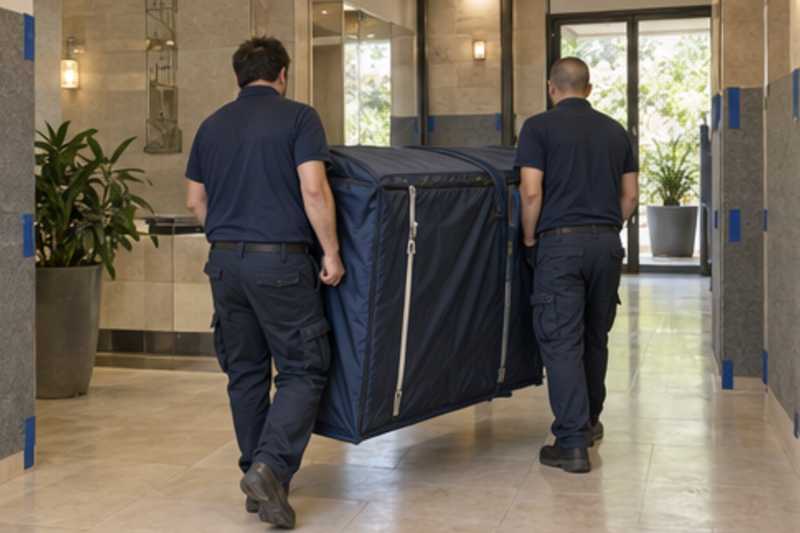 Un bureau compact sous housse zippée, dans le hall d'une résidence aux murs protégés par des panneaux de déménagement, déménagement de Paris vers Jérusalem