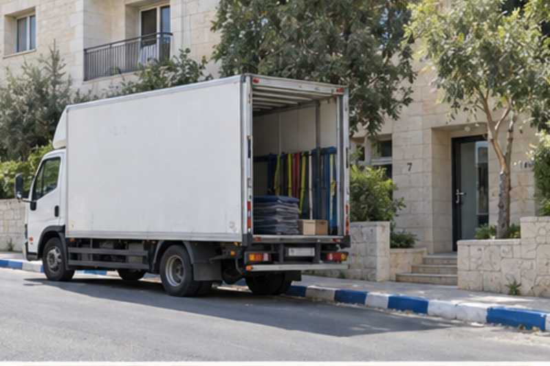 Un camion de déménagement stationné le long d'une bordure de trottoir peinte en bleu et blanc devant un immeuble résidentiel en pierre claire, déménagement de Paris vers Jérusalem