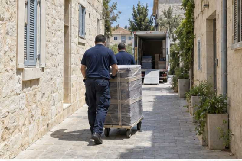 Deux déménageurs transportent une commode emballée sur un chariot dans une ruelle étroite bordée de maisons en pierre claire, déménagement de Paris vers Jérusalem