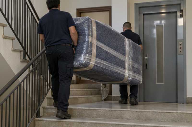 Un canapé trois places sous couvertures capitonnées et film étirable, dans une cage d'escalier d'immeuble, déménagement de Paris vers Jérusalem