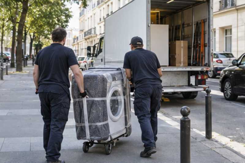 Un lave-linge sur un diable sous couverture de déménagement, sur le trottoir d'une rue d'Île-de-France, déménagement de Paris vers Jérusalem