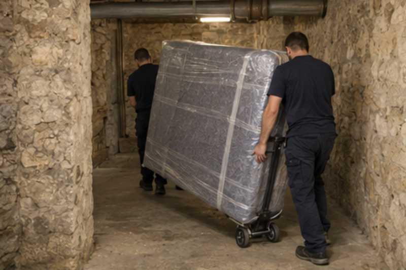 Un sommier double sous feutrine et film étirable, dans une cave d'immeuble aux murs de pierre, déménagement de Paris vers Jérusalem