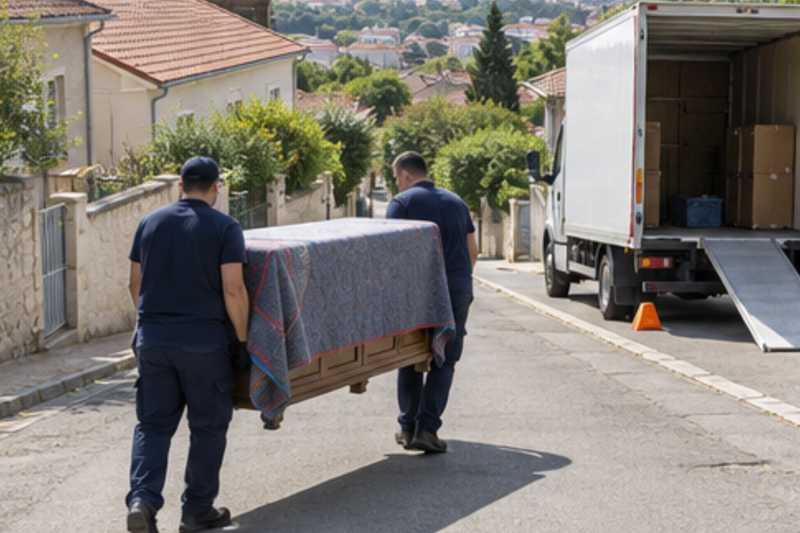 Un buffet bas sous couverture de déménagement, dans une rue en pente de banlieue pavillonnaire, déménagement de Paris vers le Kosovo