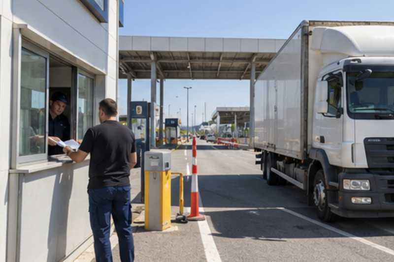 Devant un poste de douane routière moderne, déménagement de Paris vers le Kosovo