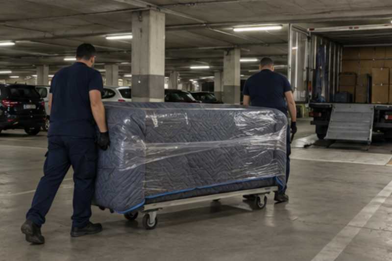 Un canapé trois places sous couvertures capitonnées et film étirable, dans un parking souterrain de résidence, déménagement de Paris vers le Kosovo