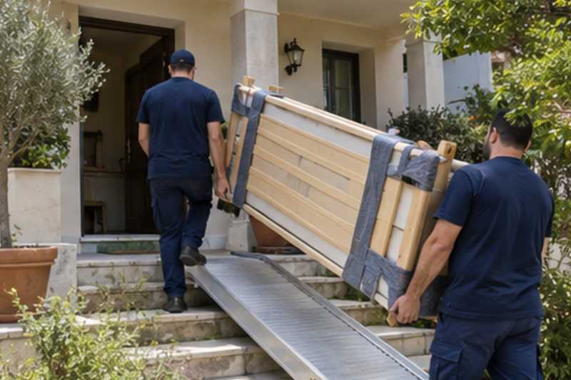 Les éléments d'un lit double démonté avec protections d'angles, devant l'entrée d'une maison de banlieue, déménagement de Paris vers le Kosovo