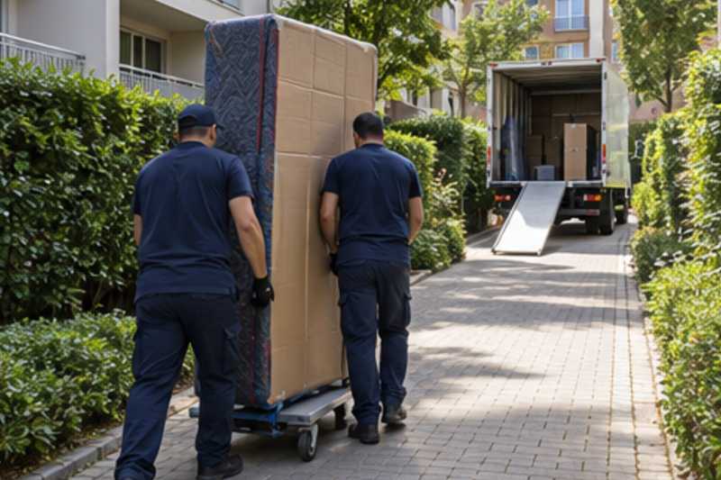 Un grand matelas debout sous carton plat et couverture épaisse, sur une longue allée piétonne de résidence, déménagement de Paris vers le Kosovo