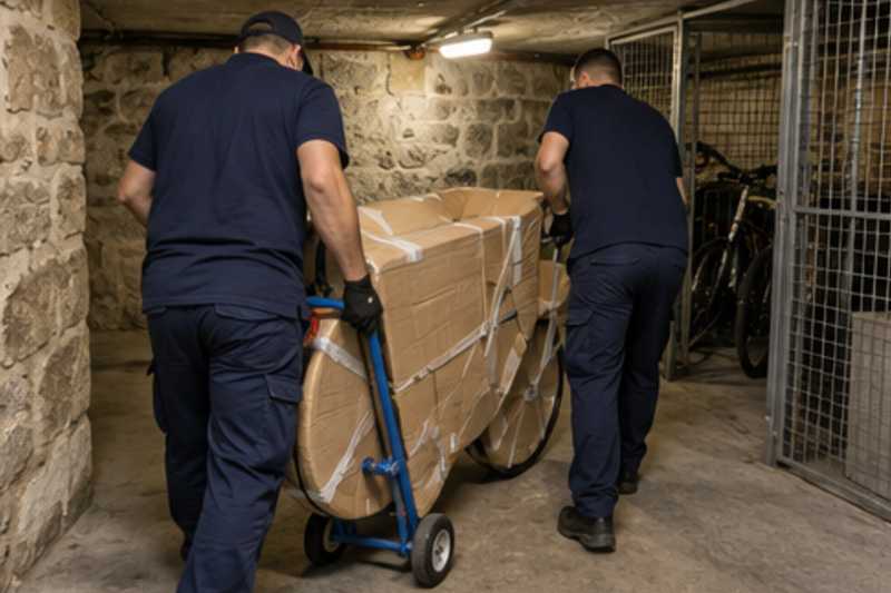 Un vélo de ville sous carton épais et ruban adhésif, dans une cave d'immeuble aux murs de pierre, déménagement de Paris vers le Kosovo