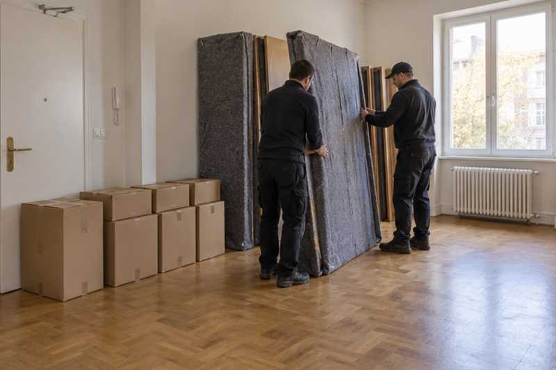 Une armoire démontée en panneaux sous couverture de déménagement, dans un appartement presque vide, déménagement de Paris vers le Laos