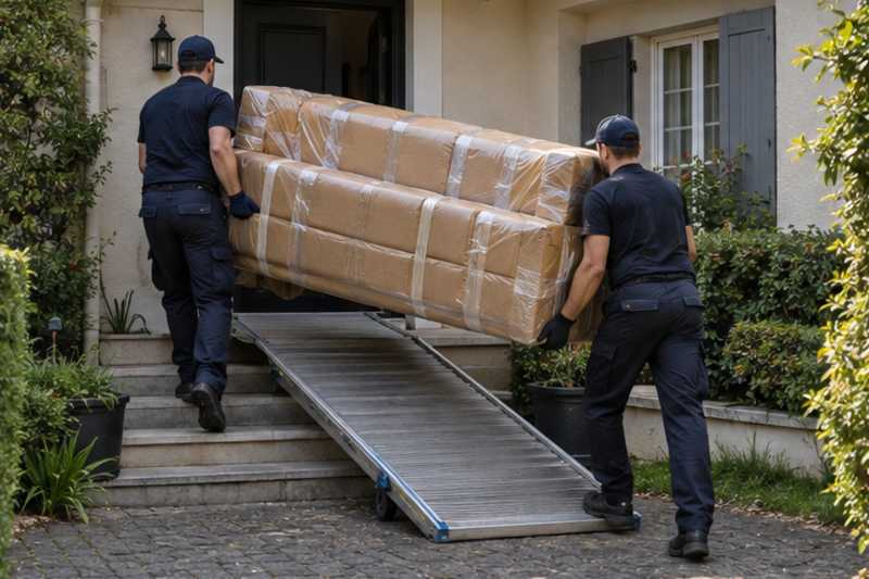 Un canapé trois places sous carton épais et ruban adhésif, devant l'entrée d'une maison de banlieue, déménagement de Paris vers le Laos