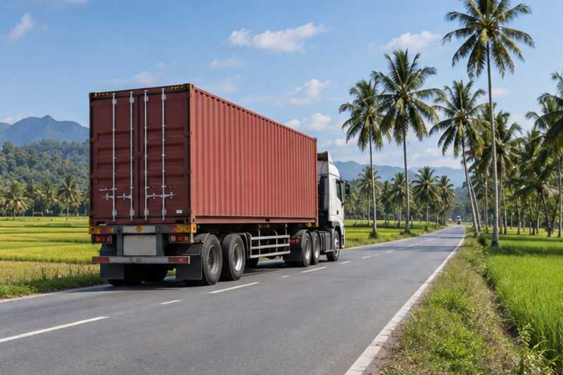 Un camion porte-conteneur roule de jour sur une route bordée de rizières vertes et de palmiers, déménagement de Paris vers le Laos