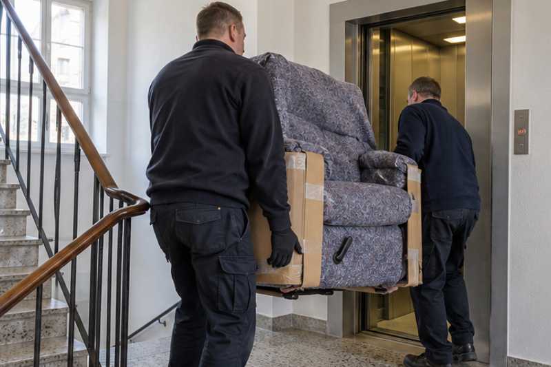 Un fauteuil releveur sous carton plat et couverture épaisse, dans une cage d'escalier d'immeuble, déménagement de Paris vers le Laos