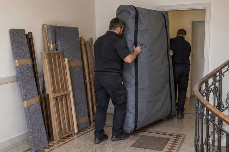 Un grand matelas debout sous housse zippée, sur un palier d'appartement près d'une porte étroite, déménagement de Paris vers le Laos
