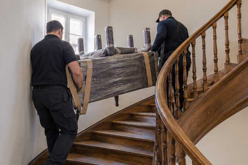 Une table et des chaises sous feutrine et film étirable, dans un escalier tournant en bois d'immeuble ancien, déménagement de Paris vers le Laos