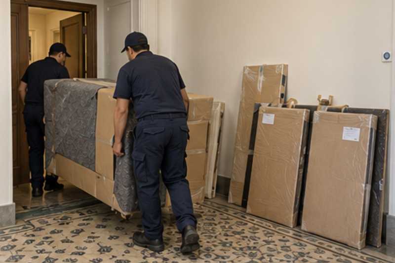 Un canapé trois places sous carton plat et couverture épaisse, sur un palier d'appartement près d'une porte étroite, déménagement de Paris vers le Libéria