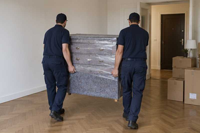 Une commode à six tiroirs sous feutrine et film étirable, dans un appartement presque vide, déménagement de Paris vers le Libéria