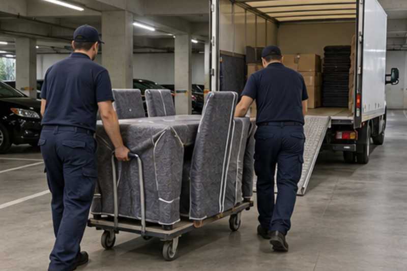 Une table et des chaises sous housse zippée, dans un parking souterrain de résidence, déménagement de Paris vers le Libéria