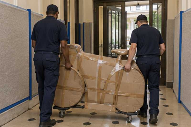 Un vélo de ville sous carton épais et ruban adhésif, dans le hall d'une résidence aux murs protégés par des panneaux de déménagement, déménagement de Paris vers le Libéria