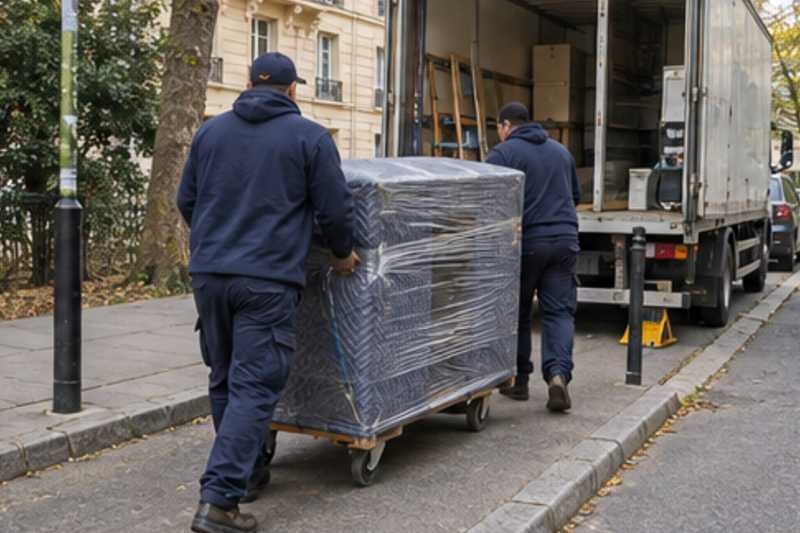 Un bureau compact sous couvertures capitonnées et film étirable, sur le trottoir d'une rue d'Île-de-France, déménagement de Paris vers la Libye