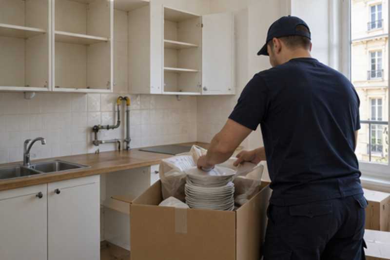 Dans une cuisine vidée d'un appartement parisien, déménagement de Paris vers la Libye