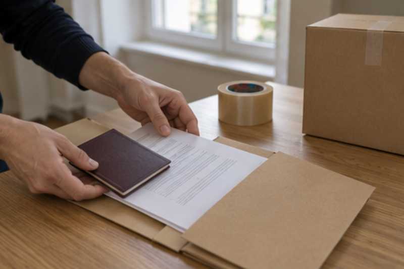 Sur un bureau en bois clair, déménagement de Paris vers la Libye