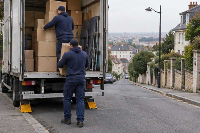 Une pile de cartons de déménagement fermés, dans une rue en pente de banlieue pavillonnaire, déménagement de Paris vers la Libye