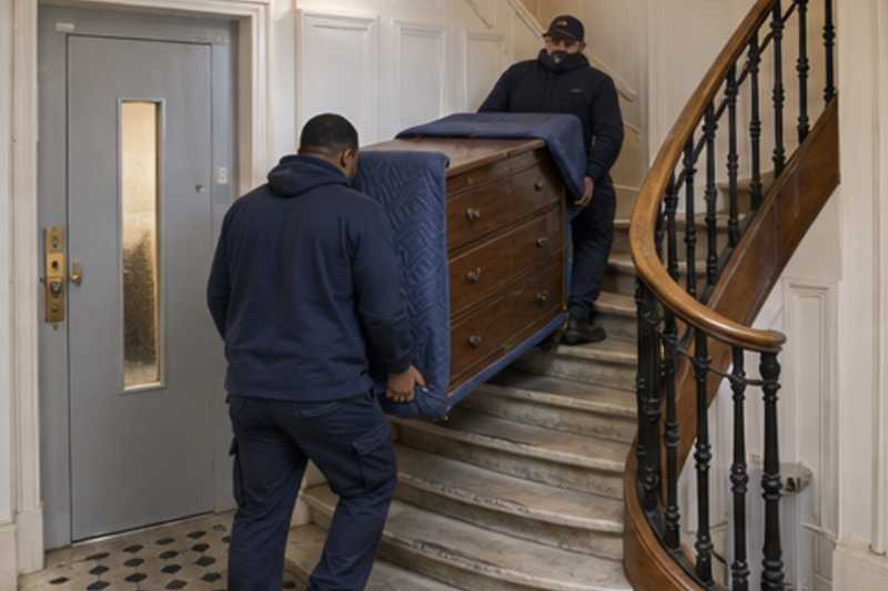 Une commode à six tiroirs sous couverture de déménagement, dans une cage d'escalier d'immeuble, déménagement de Paris vers la Libye