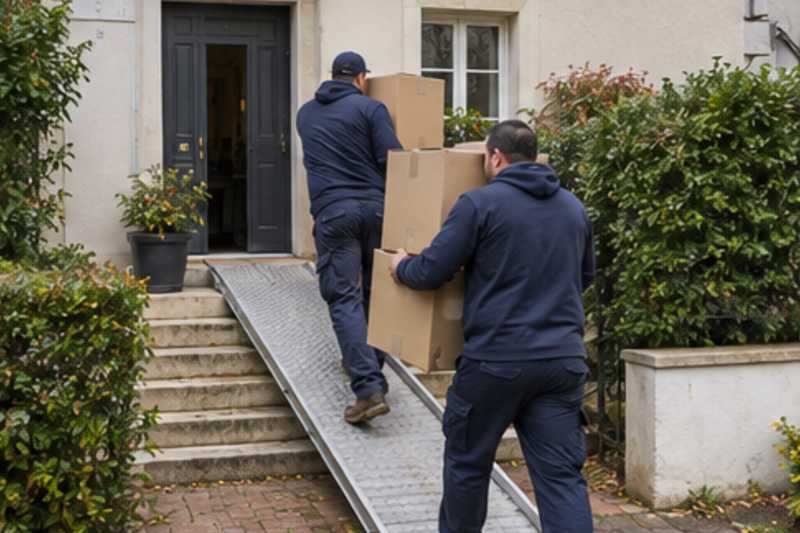 Une pile de cartons de déménagement fermés, devant l'entrée d'une maison de banlieue, déménagement de Paris vers la Libye