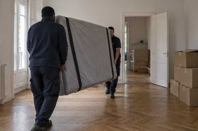 Un sommier double sous housse zippée, dans un appartement presque vide, déménagement de Paris vers la Libye